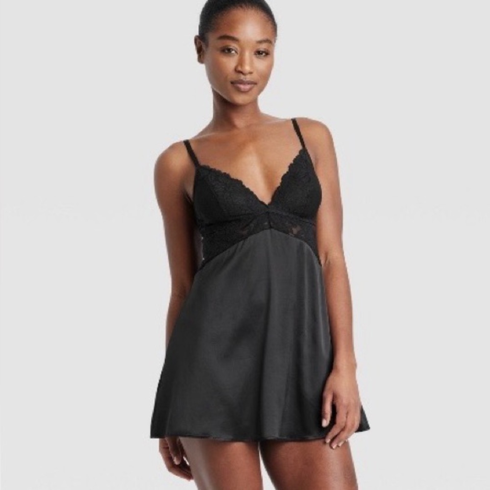 Auden Intimates-Lace and Satin Lingerie Slip Dress w/Adjustable Straps,Black,NWT
